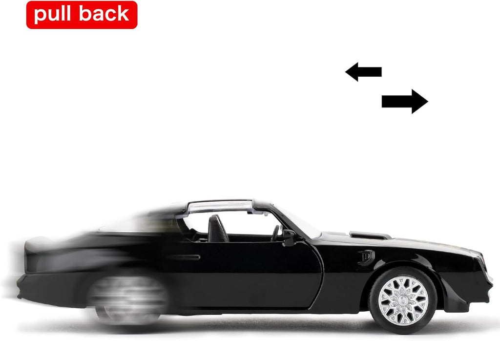Pontiac Firebird Trans Am Toy Car, 1:36 Scale Diecast Pull Back Model Car, Doors Open, Collection Kids Toy for Aged 3 and up, Gift Black