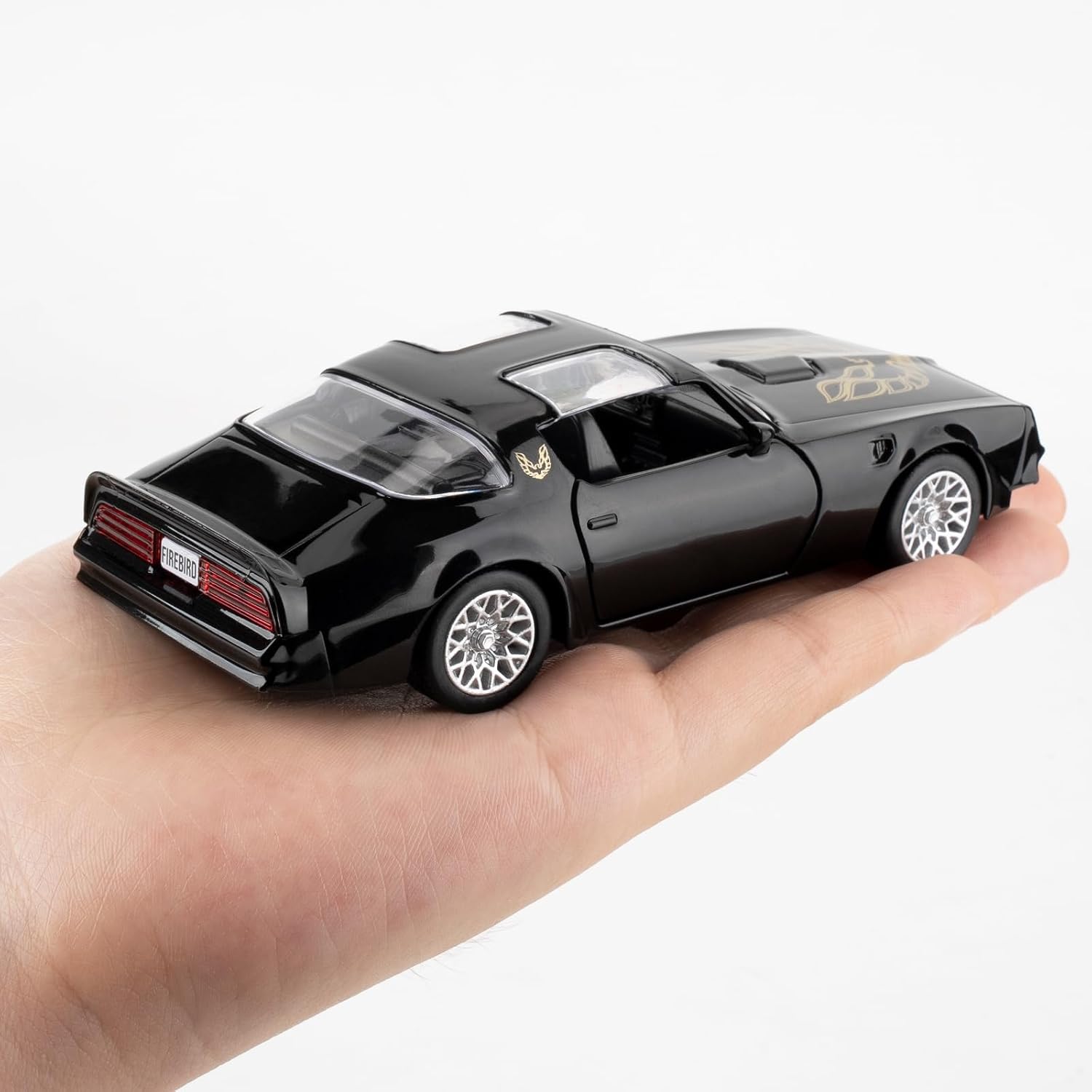 Pontiac Firebird Trans Am Toy Car, 1:36 Scale Diecast Pull Back Model Car, Doors Open, Collection Kids Toy for Aged 3 and up, Gift Black