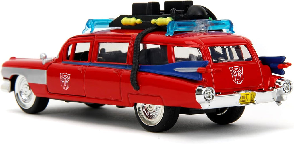 MinewardLabs Hollywood Rides Transformers x Ghostbusters Ecto-1 G1 Mashup - Die-cast Car with Opening Doors, 1:32 Scale, Ages 8+ (40th Anniversary Edition)