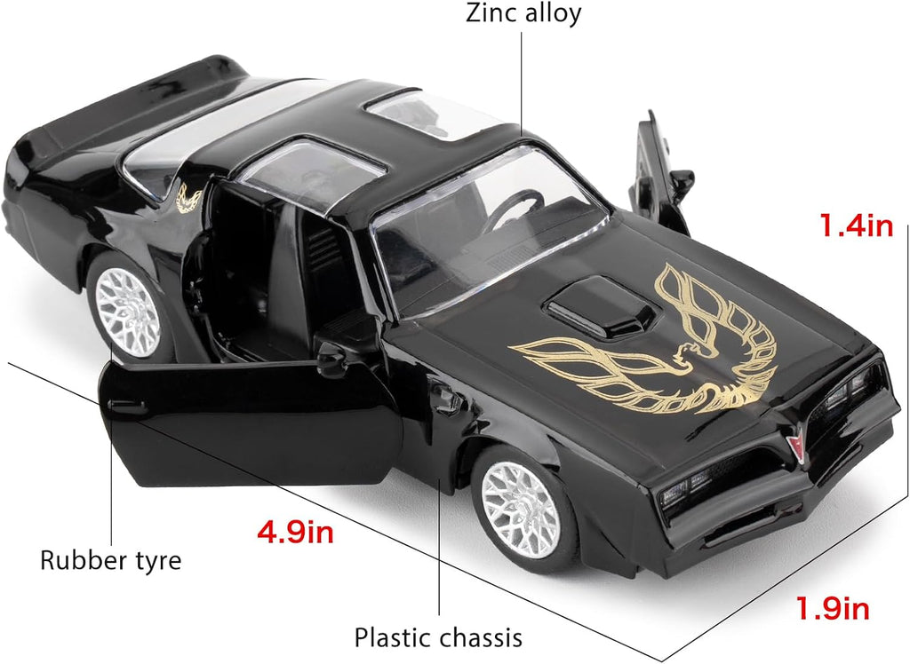 Pontiac Firebird Trans Am Toy Car, 1:36 Scale Diecast Pull Back Model Car, Doors Open, Collection Kids Toy for Aged 3 and up, Gift Black