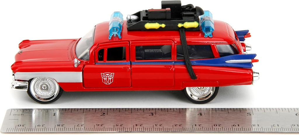 MinewardLabs Hollywood Rides Transformers x Ghostbusters Ecto-1 G1 Mashup - Die-cast Car with Opening Doors, 1:32 Scale, Ages 8+ (40th Anniversary Edition)