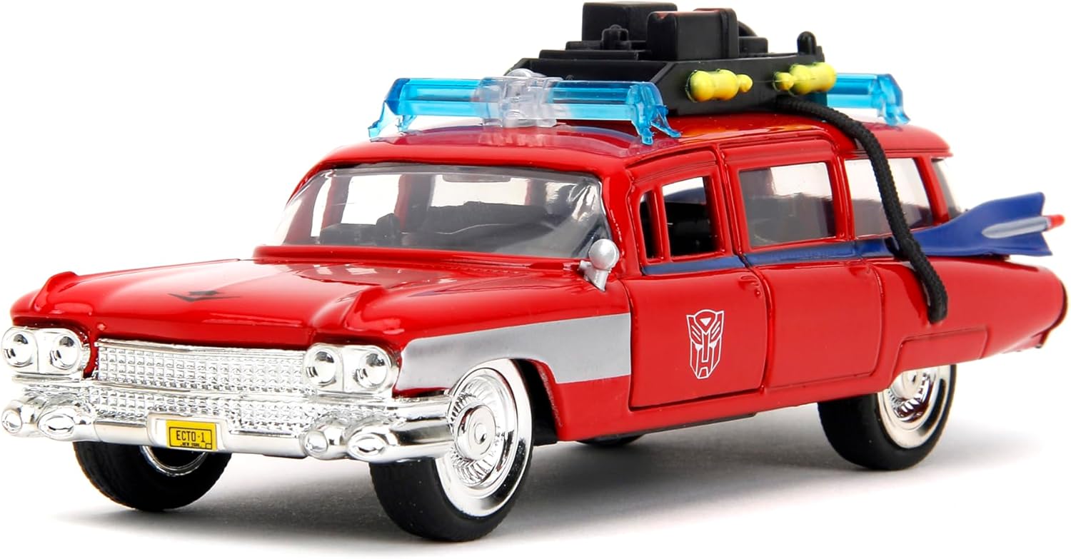 MinewardLabs Hollywood Rides Transformers x Ghostbusters Ecto-1 G1 Mashup - Die-cast Car with Opening Doors, 1:32 Scale, Ages 8+ (40th Anniversary Edition)