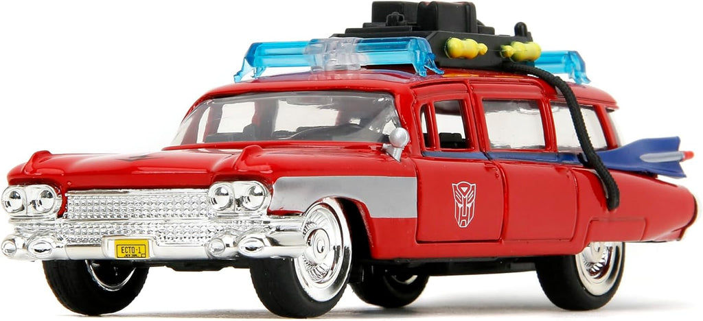 MinewardLabs Hollywood Rides Transformers x Ghostbusters Ecto-1 G1 Mashup - Die-cast Car with Opening Doors, 1:32 Scale, Ages 8+ (40th Anniversary Edition)